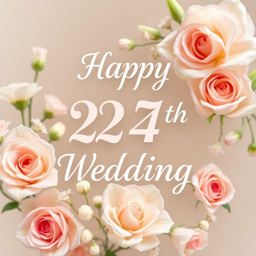 Create a soft, elegant image for a 24th wedding anniversary, blending celebration and love. Include delicate flowers, such as roses or lilies, arranged around the message: "Happy 24th Wedding". Incorporate soft pastel colors like pinks, creams, and whites. The overall vibe should be warm, romantic, and joyous, capturing the essence of love and commitment over the years. the text needs to be exact.