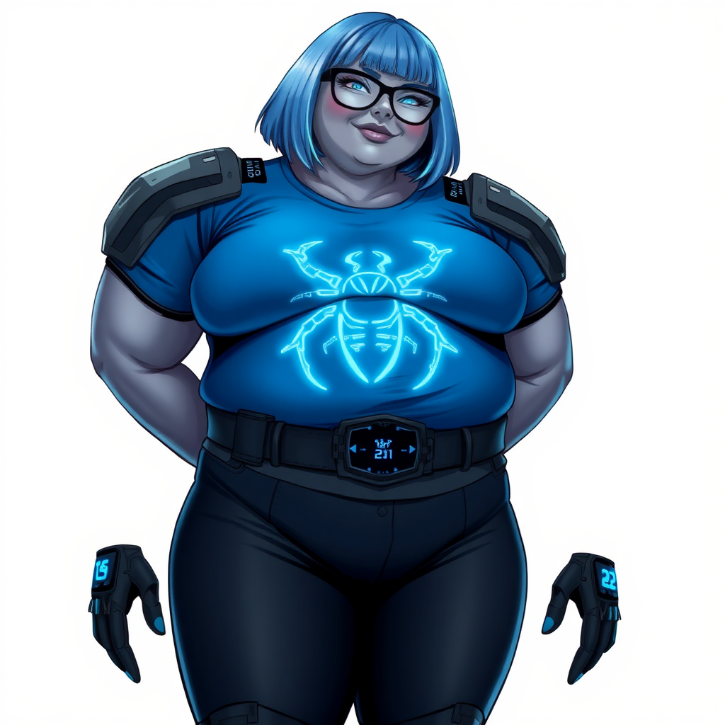 A 28-year-old, full-figured, middle gray skinned computer program hybrid with a maximum blue bob cut. She has a non-athletic build, highlighted by a prominent, round, large midsection (with heavy emphasis on her belly). As a digital sidekick, computer hacker, and nerdy girlfriend to her cyberpunk vigilante boyfriend, her middle gray metallic skin and maximum blue lipstick emphasize her digital nature. She wears a digital, computerized costume consisting of a gargantuan, tight-fitting, hi-tech, maximum blue t-shirt with a neon blue beetle glowing chest icon, hi-tech shoulder pads with neon blue accents, a black digital belt with a digital neon blue glowing scarab beetle buckle, black biker pants with neon blue glowing accents, and black hi-tech gloves with neon blue glowing accents. Her neon blue glowing eyes, black eyeglasses with a neon blue glowing HUD built into its lenses, and lovestruck smile with neon red blush accentuate her nerdiness. She stands bashfully with her hands behind her back, her costume covering all her skin and emphasizing her full-figured physique (especially her belly). She is clearly non-athletic, with a focus on her full-figured physique. Despite her build, she radiates beauty. She is on a solid white background. She is drawn as if she was in a retro 2D cyberpunk fighting game.