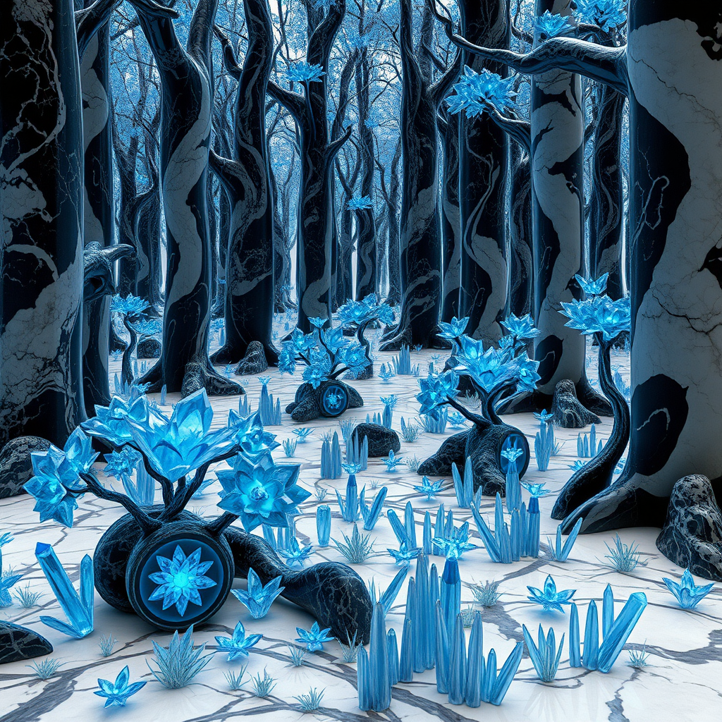 The forest appears like a surreal, otherworldly landscape. The trees stand tall with trunks and branches crafted from polished black and white marble, their surfaces swirling with intricate patterns. The leaves are formed from translucent blue crystals, shimmering as they catch the light, casting a faint blue glow onto the marble ground below.

Among the trees, marble shrubs with twisted, angular forms grow, their black and white veins creating striking contrasts. Scattered throughout the forest floor, delicate flowers made of blue crystal bloom, their sharp, gleaming petals radiating an almost ethereal beauty. The grass itself is crystalline, each blade resembling a glass-like spike rising from the marble earth.

In the quiet of the forest, the faint sound of clinking can be heard as the crystal leaves gently sway, brushing against each other in the soft breeze. The entire scene feels both frozen and alive, a mesmerizing yet eerie display of marble and crystal intertwined in a hauntingly beautiful, silent world.