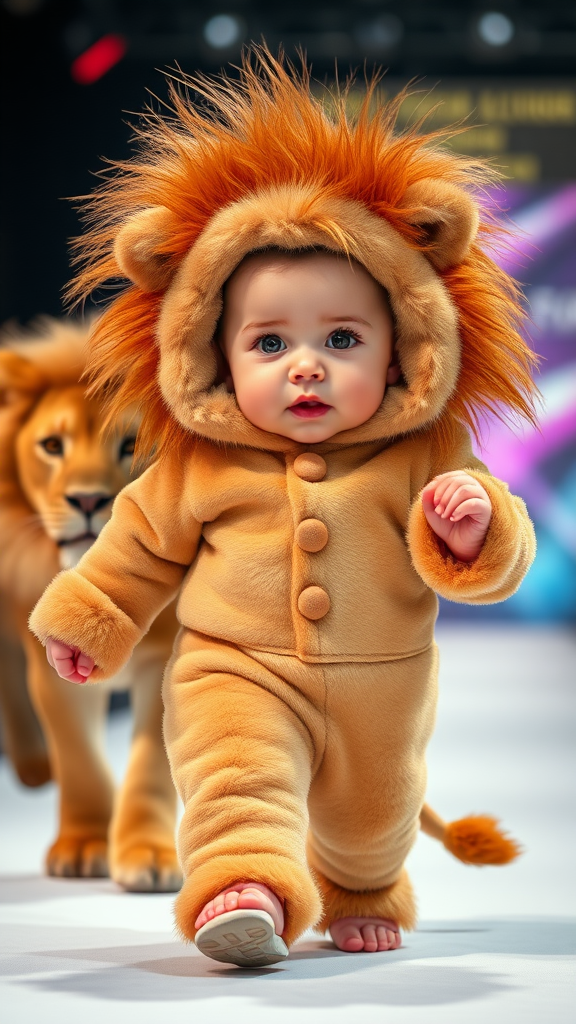 A cute small chubby fair baby with big eyes, pink lips, and pink cheeks wearing a furry cozy lion costume is doing a ramp walk in a fashion show, walking with a real lion, holding a lion with one hand. Cinematic.