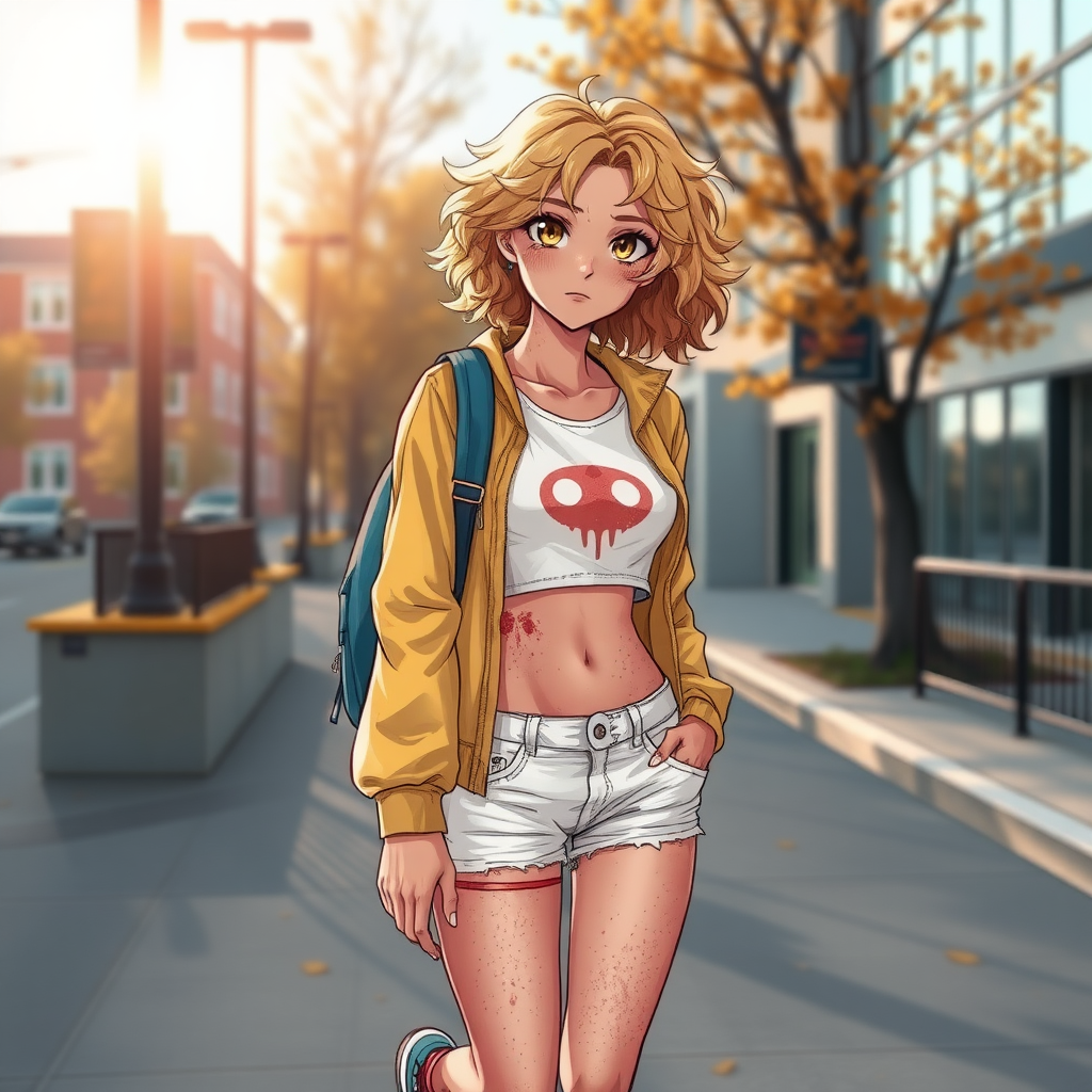 Realistic drawing style image, Extremely good quality 8k resolution drawn manga image of a 15 year old petite and short tomboy girl with golden blonde curly hair with mixed and different colored eyes for each eye and moles on her entire body and is a white American girl, Has on a Gold Jacket over a white extremely short crop top only covering her breasts and nothing more with a design on it, and has on ripped shorts and cool looking sneakers and a deep and big knife cut wound on her stomach from a huge injury she had, with a bright color backpack, ear piercings on, walking on the street to school in the morning with the beautiful sunlight lighting up her body beautifully with no tattoos.