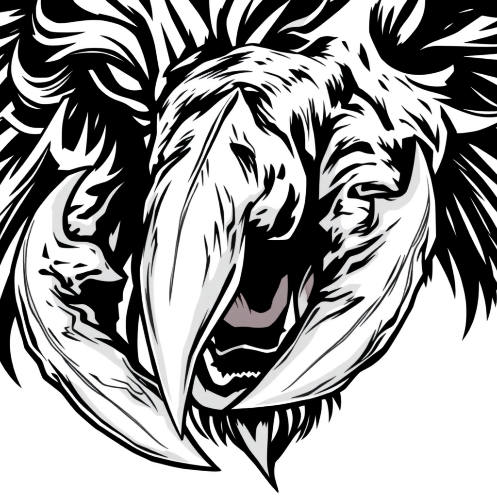 Create an anime-style illustration focusing solely on the claws of a lion, designed to appear demonic. The claws should be exaggerated and sharp, showcasing intricate details and a fierce, menacing look. Incorporate dynamic lines to convey movement and intensity, while using a black and white color scheme to enhance the dramatic effect. The overall design should embody a fierce and powerful aesthetic, suitable for a logo or branding related to strength and ferocity.