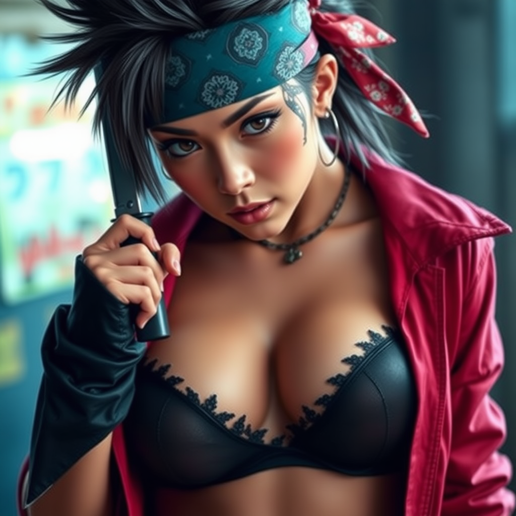 realistic photograph, sexy bandit girl, spiky hair, bandana, holding knife, Japanese-Brazilian mixed race, open jacket revealing cleavage, beautiful face, captivating eyes, large breasts, arched back pose, treasure