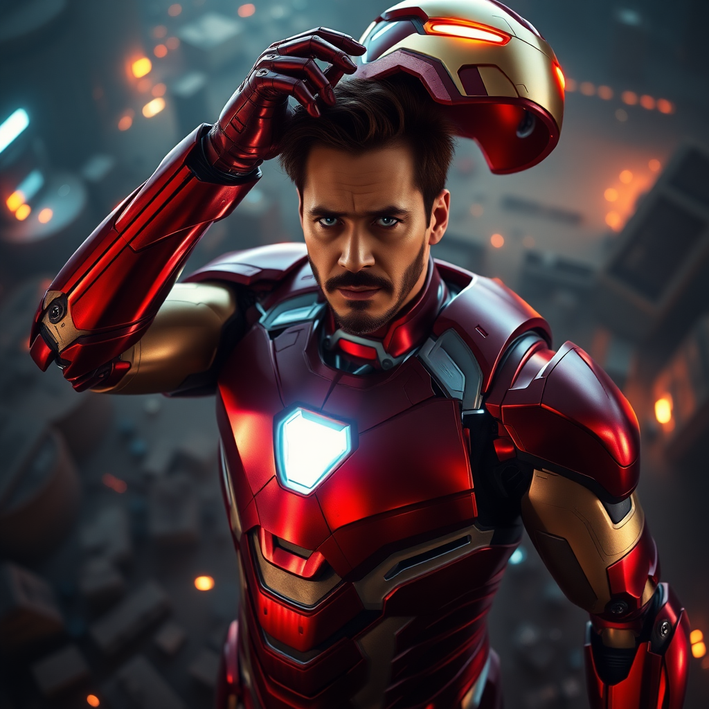 An epic, cinematic scene of tonystark standing heroically, in iron man suit, wearing iron man glowes, helmet held aloft, camera angle: sweeping bird's eye view, with vibrant colors and sharp contrasts to make him stand out.