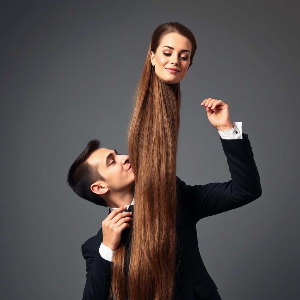 A surreal image of a smiling male magician holding up the disembodied head of a very long haired Kate Middleton. He is grabbing her very long hair and pulling it up high in the air, while her head is hanging by her hair from his grasp to display it to the camera. Plain gray background. He is kissing her on the lips.