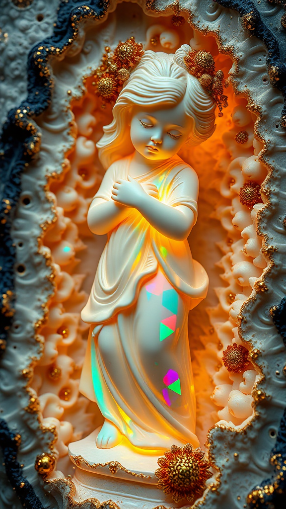 young girl statue, mandelbulb fractal, ultra-detailed, dynamic composition, artistic photograph, geode, alabaster, fractal, brilliant colors, glittering, illumination, transparency, translucent, opal, turquoise, gold, romanticism, sharp focus, wabi-sabi, pottery, floral