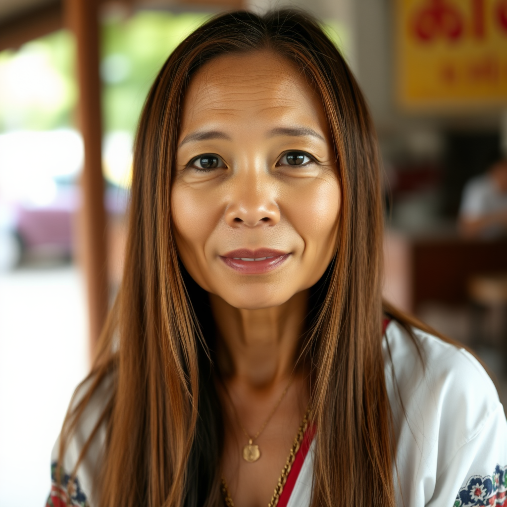 A absolutely surreal 50 Year old Thai Women with Chestnut colored long straight Hair and a fine Gold chain.