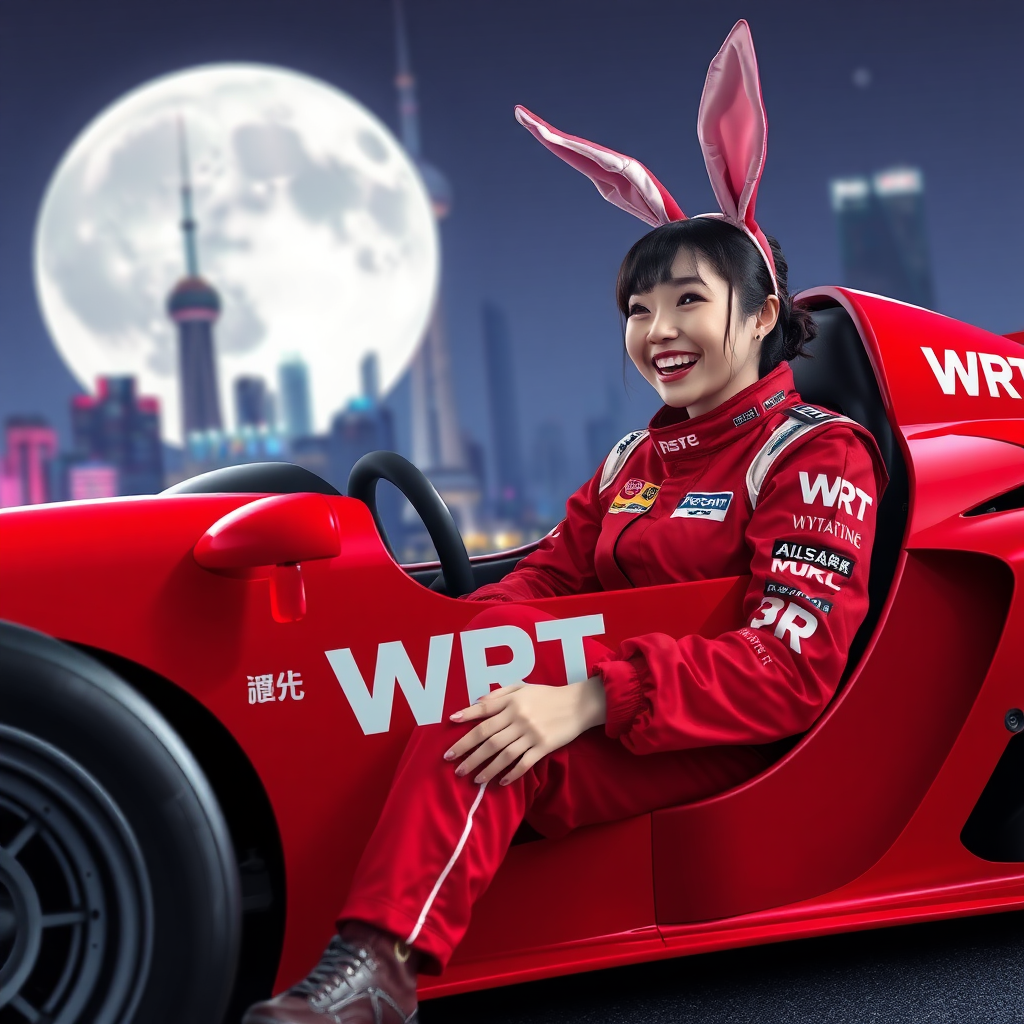 A red racing car body only has "WRT" written on it, with a Chinese beauty racer wearing rabbit ears, laughing while sitting in the car. The red racing suit also only has "WRT" written on it, and the background features the night scene of Shanghai with a giant moon.