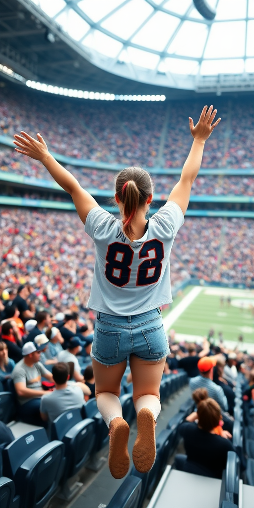 Attractive female NFL fan, pigtail hair, inside crowded bleachers, jumping, arms raised, NFL stadium