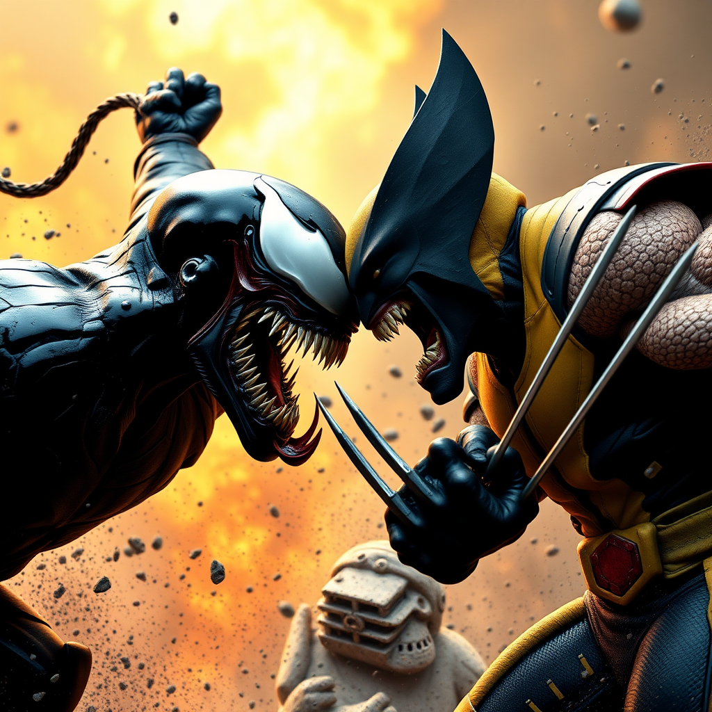 Jumping out of an epic comic book cover is Venom Vs Wolverine head-to-head in battle. Cinematic Real3d photo-realistic quality.