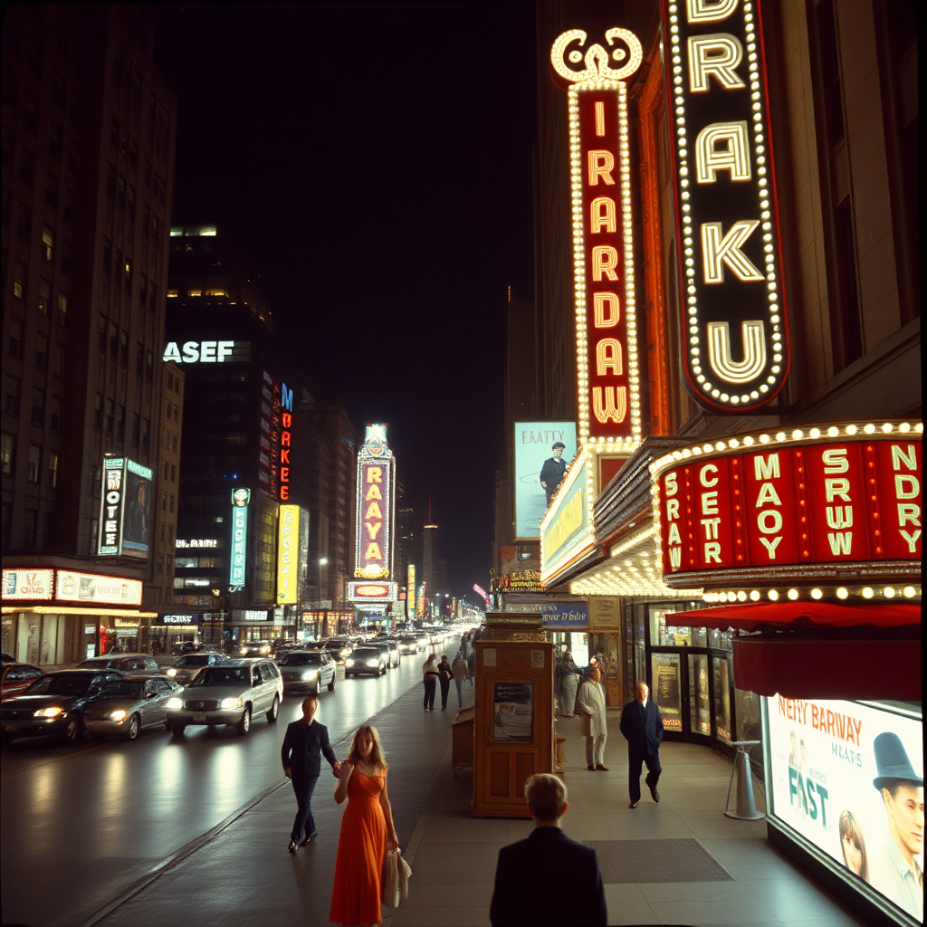 Highly detailed Kodachrome color real surrealist photograph from 1974 of On Broadway  
On Broadway (they say the lights are always bright on Broadway)  
On Broadway (they say there's always magic in the air)  
On Broadway  
On Broadway (they say the lights are always bright on Broadway)  
On Broadway (they say there's always-)