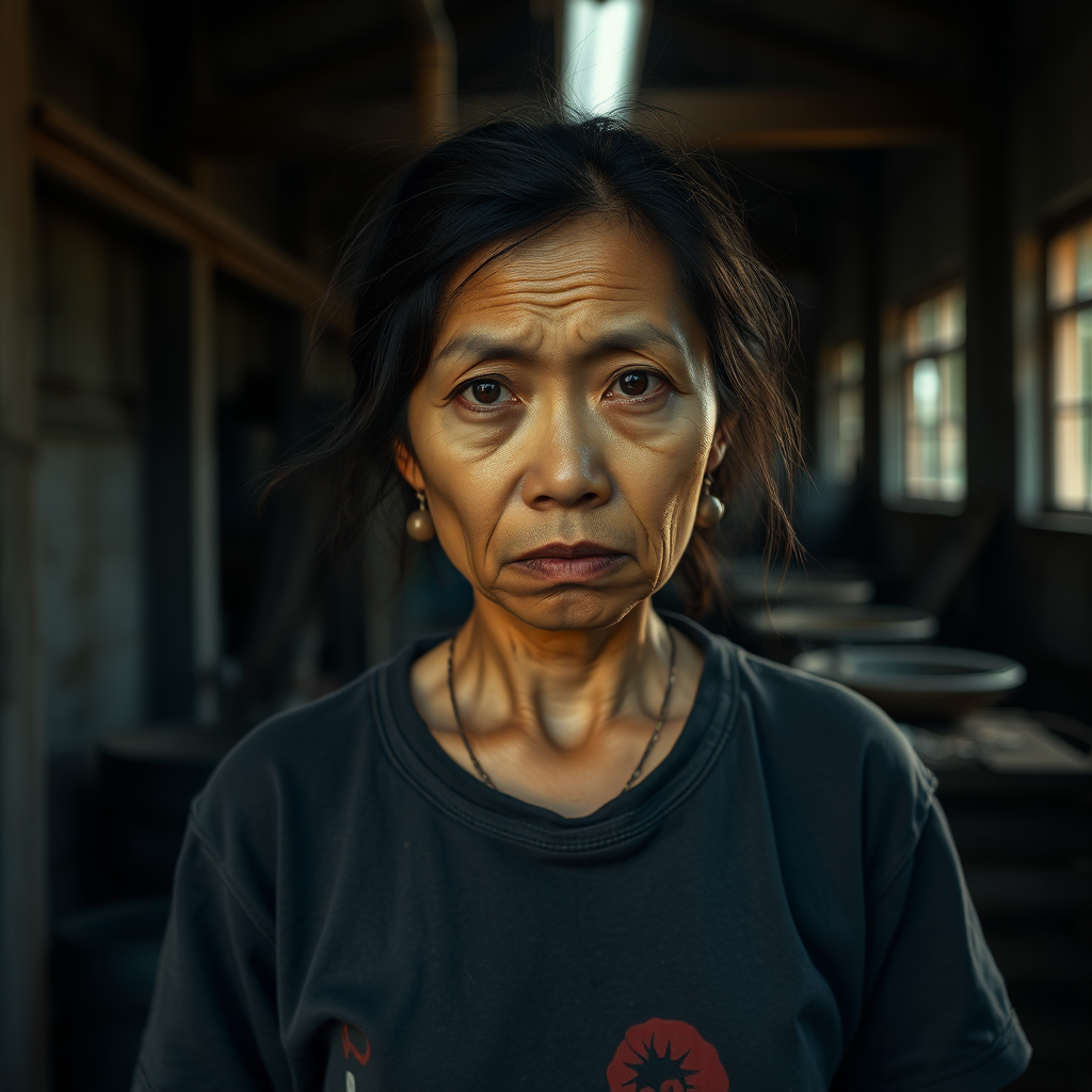 A very sad and hungry older Laos Teengirl with a very old T-Shirt in a very dark old and mystery Factory