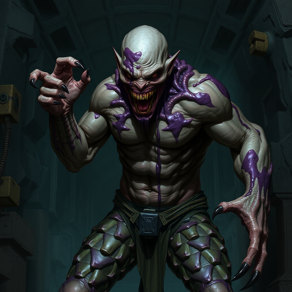 Sci-fi digital horror painting. Heavily mutated crew member, skin covered with sturdy scales, his body and limbs elongated and twisted while muscles ever tensing. Aggressive violent snarl on face. One hand has long sharp claws while the other looks relatively normal. Dark purple goo oozing all over him. Dark rocky industrial corridor.