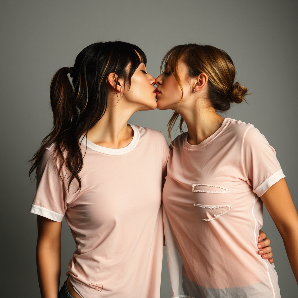 Two women in ripped and torn wet and transparent t-shirts kissing.