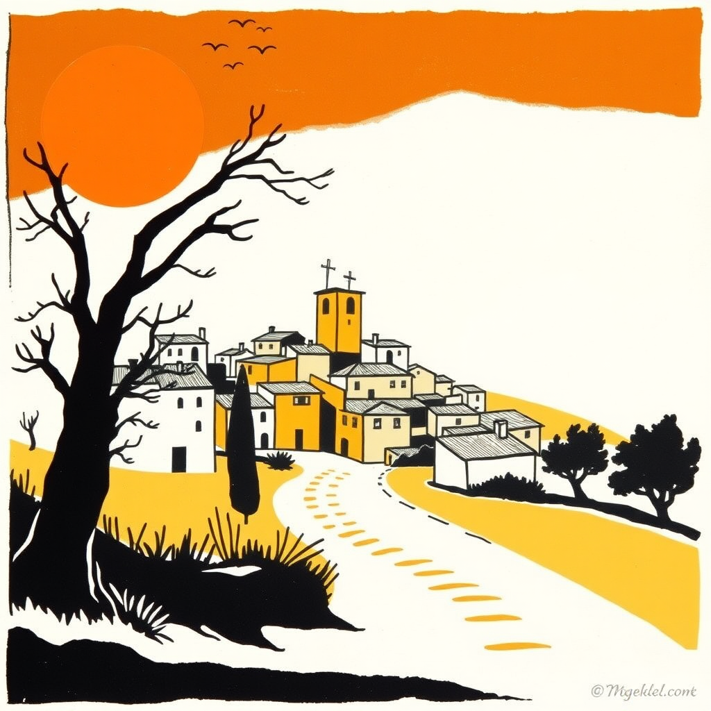 minimalist lithograph Provence village of Colomars ochre  
Keith Haring  
Jean-Michel Basquiat  
Andy Warhol  
Picasso