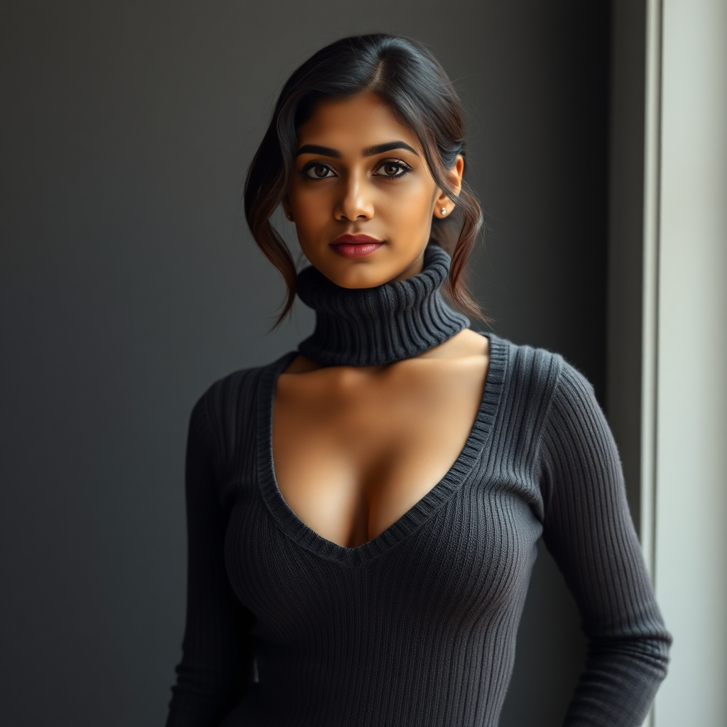 a indian 18 year old with very large breasts and a thin slim waist wearing super short turtleneck sweaterdress with a plunging neckline