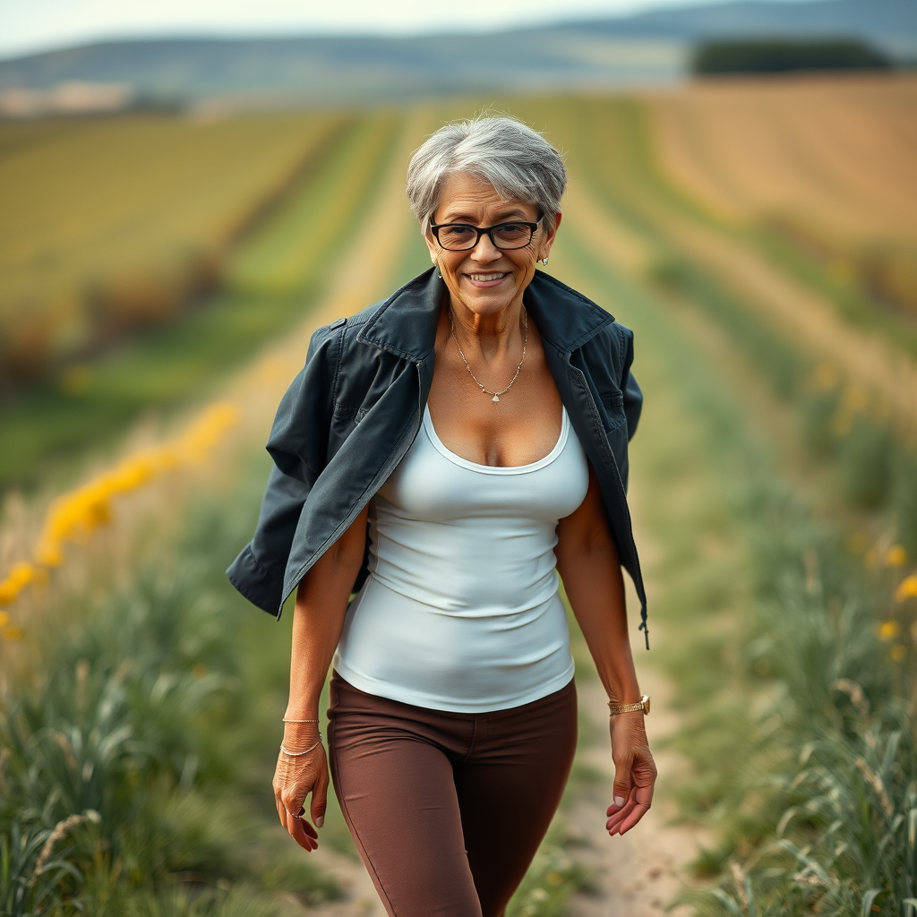 sexy Woman, 45 Years old, European, Latina, sharp aquiline nose, wrinkles, high cheekbones, Middle Eastern, Skinny, Tanned skin, Dark light skin, Makeup, Serious face, frowning, smiling, jewelry, Ash dark grey hair, bowl haircut, Slicked short hair, Short hair, black eye color, Glasses, detailed features, tight short white sheer tank top, bra line, jacket on shoulders, brown tight leggings, panty line, long legs, high heels sandals, round ass, walking in the countryside, full body, long establishing shot, side back view