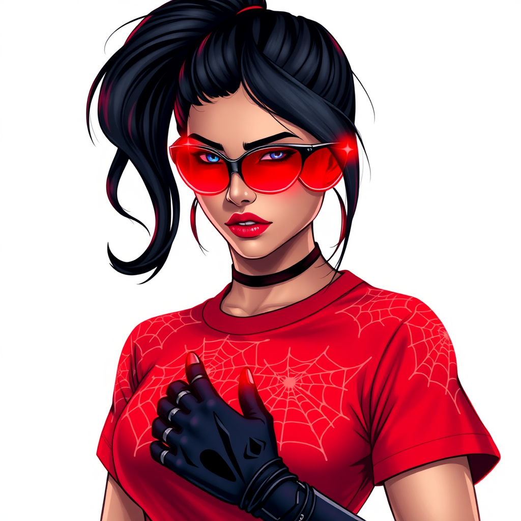 A 26-year-old mystical corporate hero hunter with a sleek black ponytail, maximum red lipstick, striking blue eyes, dressed in a maximum red t-shirt adorned with intricate neon red glowing web patterns, equipped with black biker gloves, and wearing glowing neon red-lensed shades and a mystical red gemstone amulet featuring an intricate web design that grants her the cunning and trickery of Anansi. She poses flirtatiously against a solid white background, exuding an aura of mystical power and intelligence. She is drawn as if she was in a retro 2D cyberpunk fighting game. She glows neon red showing her mystical powers.