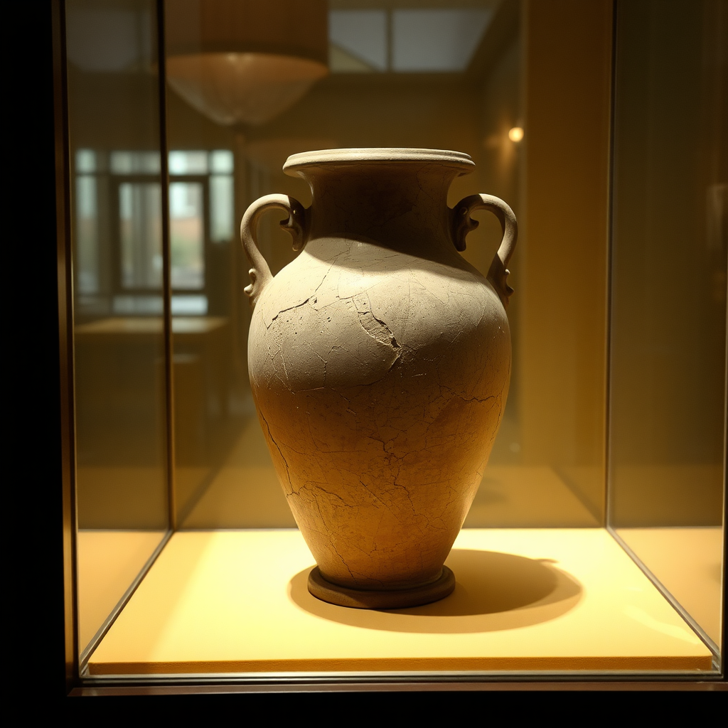 very old vase, broken, in display case