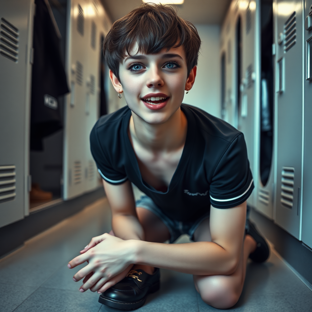 photorealistic, ultra high resolution, 16K, surreal fantasy, soft studio lighting, Tyler Swift is a pretty 17 year old goth male, slim male physique, short dark hair, blue eyes, goth makeup, earrings, sheer grey pantyhose, UK girls-school uniform, Mary-Jane shoes, kneeling on the floor of the locker room looking up at the camera, excited open mouth smile, drooling saliva, facing the camera.