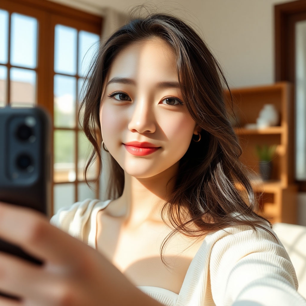 A Chinese young woman taking a selfie in a sunny room, with loose hair and a peaceful expression, ultra HD, real photo style