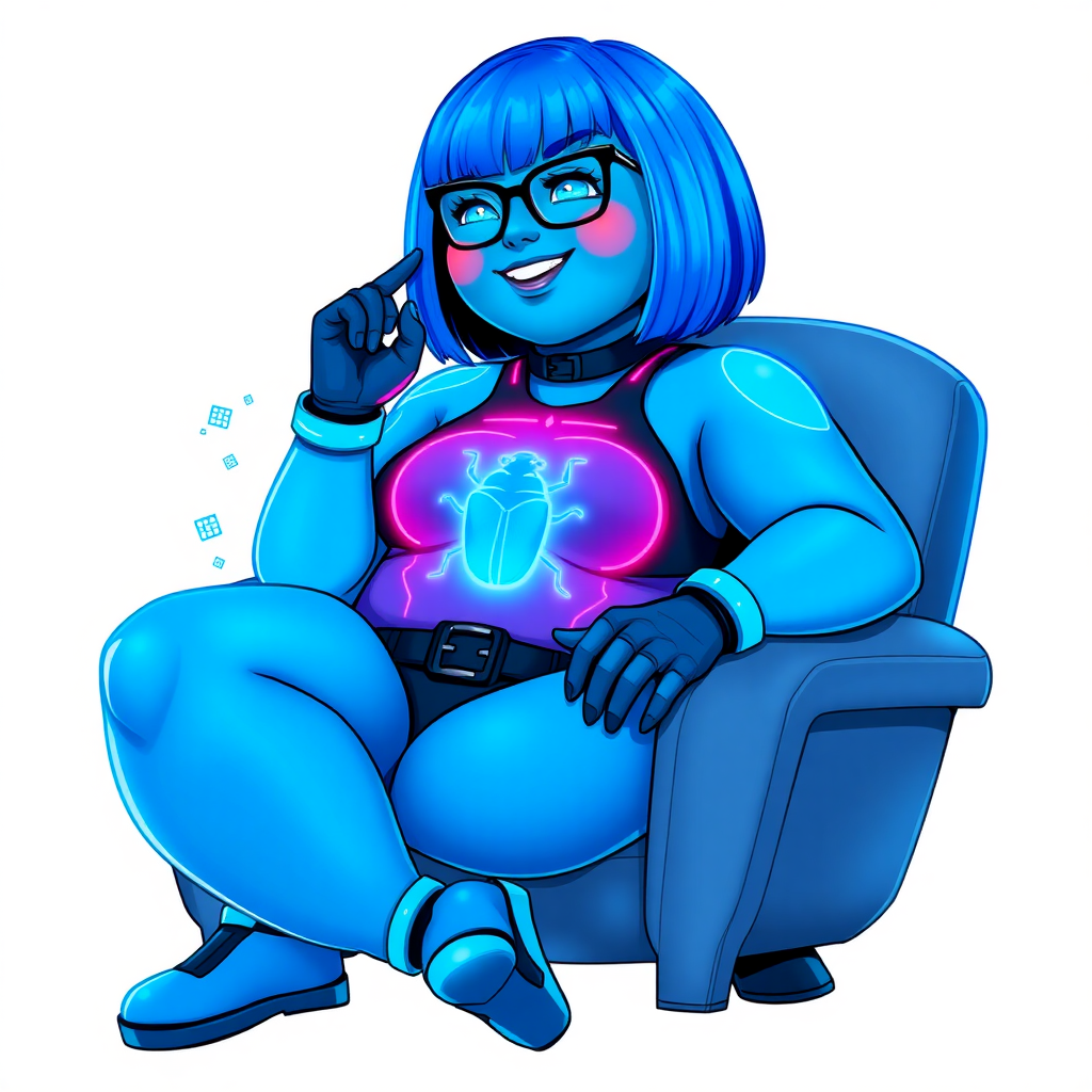 A heavily, extremely, and intensely pampered nerdy full-figured maximum blue skinned digital sidekick, a 28-year-old computer major, has been transformed by her doting vigilante boyfriend. Her striking blue skin and bob cut seamlessly integrate with her data, and her neon blue eyes glow with intelligence. Her physique, now showcasing a gargantuan round midsection, massive limbs, and broad shoulders, contrasted by a slim face, clearly reflects her indulgence and pampering. Her full figure is prominently highlighted, with her gargantuan, rounded midsection and massive limbs emphasizing her pampered status. As the loyal and supportive sidekick, she plays a crucial role in their missions, using her digital prowess to assist and protect.

She wears a digital, computerized maximum blue bodysuit blending with her hair and skin, featuring a glowing neon blue beetle chest icon and matching high-tech gloves. She bashfully giggles with a neon red blush, emitting neon blue data cubes from her body. Her full figure, now even more plump and heavily emphasized by her nerdy appearance, clearly shows how pampered she is. Her nerdiness is accentuated by her black oversized eyeglasses.

Her outfit, influenced by DC’s Jennifer Knight Phantom Lady, remains distinct. Adding to her pampering, she serves as his minicomputer, traveling in his high-tech wristwatch and supercar’s computer system. Using her ability to hack into computers and machines, she relays crucial knowledge relating to his missions.

In her new pose, she sits comfortably on a plush, high-tech chair with one leg crossed over the other, her oversized glasses slightly askew as she adjusts them with a bashful smile. Her relaxed posture and content expression, combined with the glowing data cubes around her, clearly reflect her status as a heavily pampered, nerdy digital sidekick. Her gargantuan, rounded midsection and massive limbs are prominently displayed, emphasizing her indulgence and pampering while maintaining her nerdy physique. She is on a solid white background. She is drawn as if she was in a retro 2D cyberpunk fighting game. Ensure her skin tone is distinct from Inside Out's Sadness and any other character.