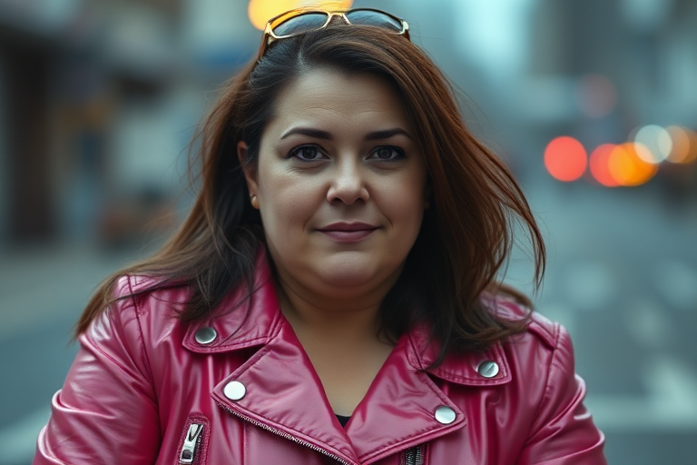 35 year old woman, fat face, pink shiny pvc biker jacket