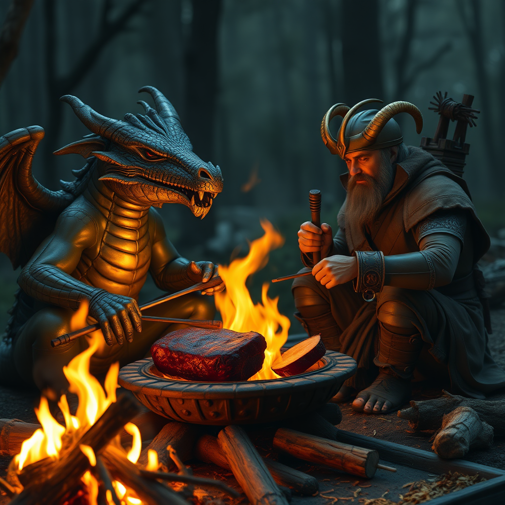 the Dragon and the warrior roast wild boar meat together at campfire