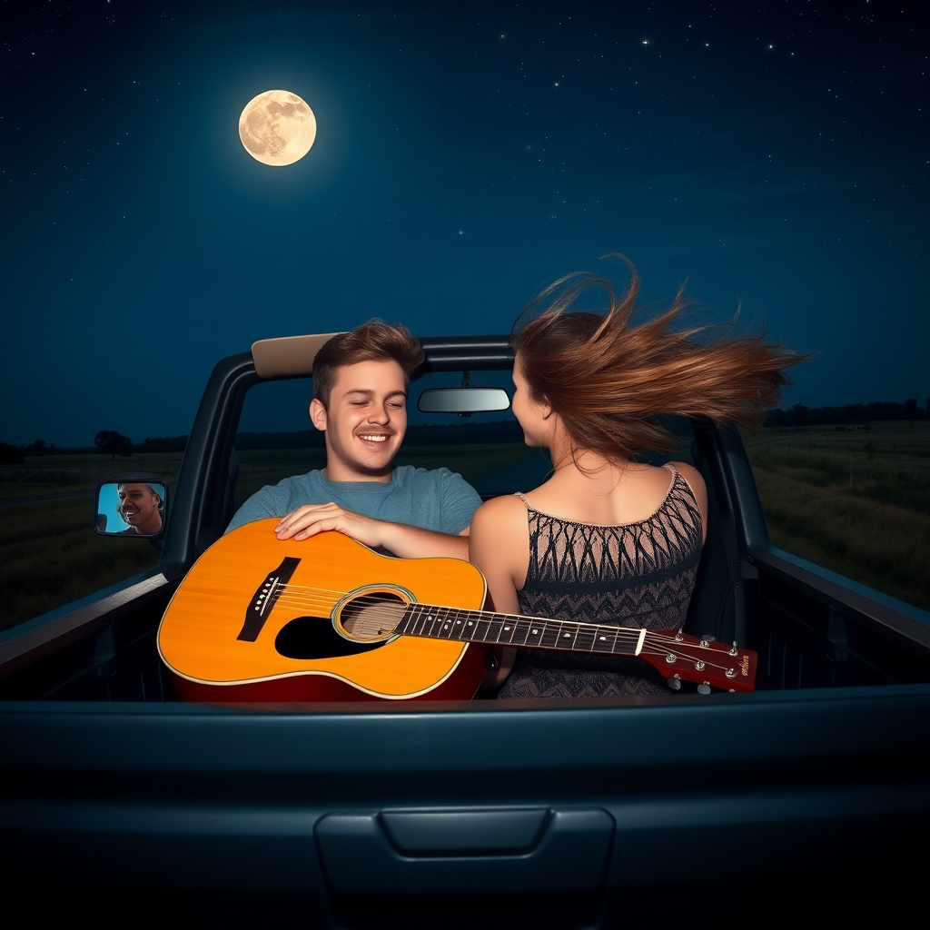 An image of a young couple driving down country roads in the middle of the night with the moon out and the stars above in their pickup truck with the top down. The guy is in the driver's seat. The woman is in the passenger seat. There is a guitar in the flat bed. The woman's hair is blowing in the wind.