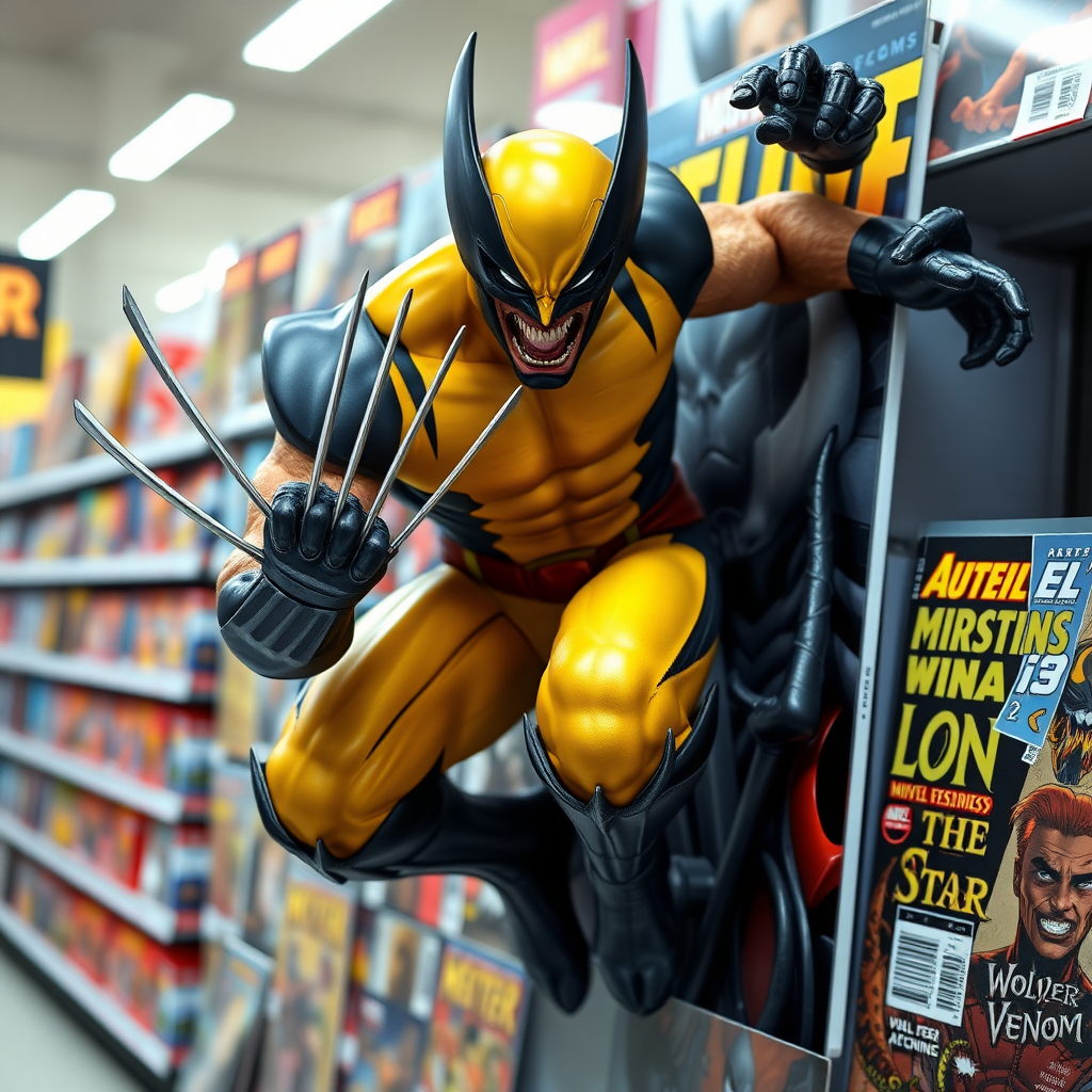 Jumping out of a Comic book cover on a store shelf is Wolverine and Venom. Wolverine has his claws placed into Venom in Cinematic Real3D photo-realistic quality.