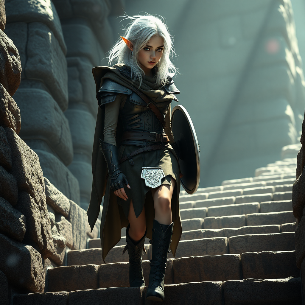 A twenty-something elf girl like (ana de armas). messy shoulder length white hair. wide triangular shoulder pads, flowing cloak, leather armor, shield, skirt, high heel ankle boots. she is going down steps like in ultima underworld. WLOP style. Photorealistic digital matte painting, highly detailed, film grain, lens flare, chromatic aberration.