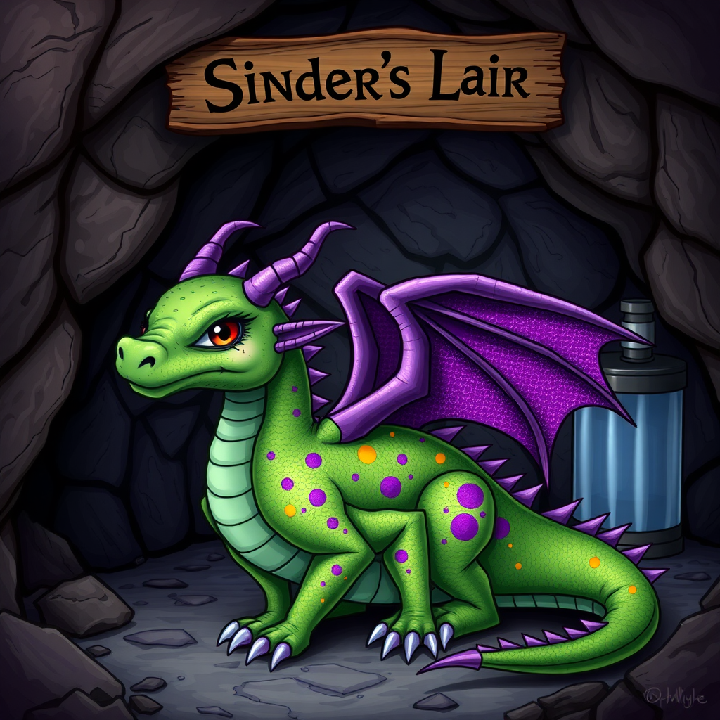 A green dragon with rainbow sparkly spots and purple skin, eyes and wings but no horns in a dragon cave with a sign above it that says "Sinder's Lair". There is a smoothy machine in the background