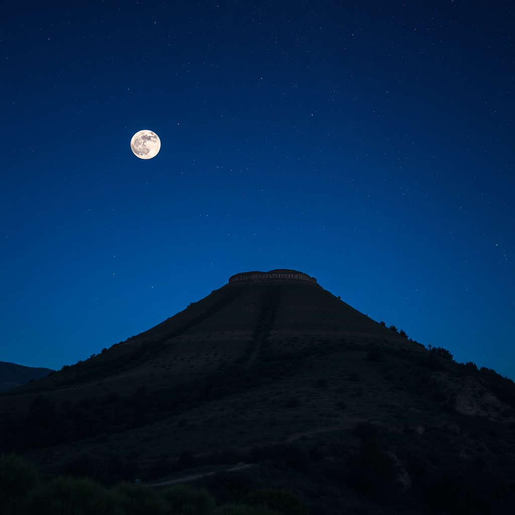 Hilly area of Marmilla, conical hill with low vegetation, with the Moon and dark sky during a full moon with many stars, and the Milky Way.