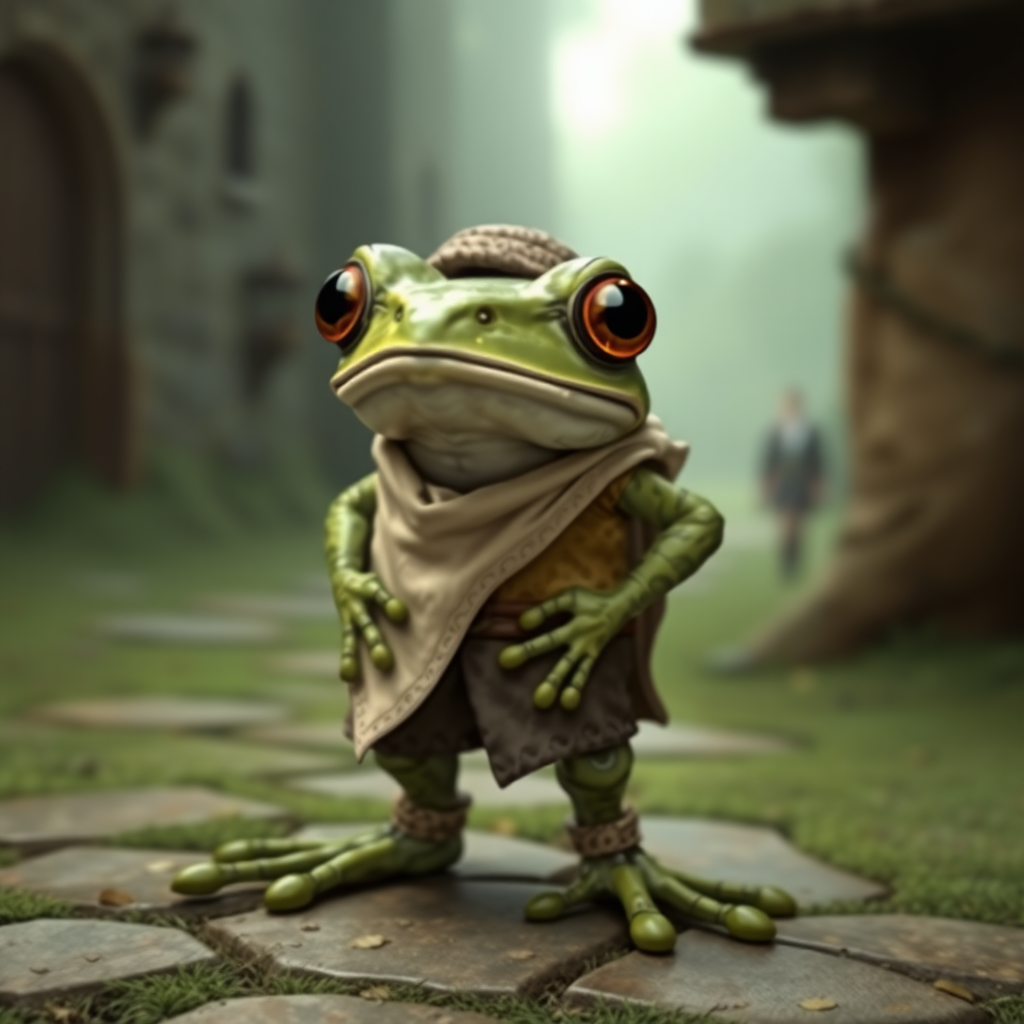 Anthropomorphic frog in a medieval setting and clothing and shoes