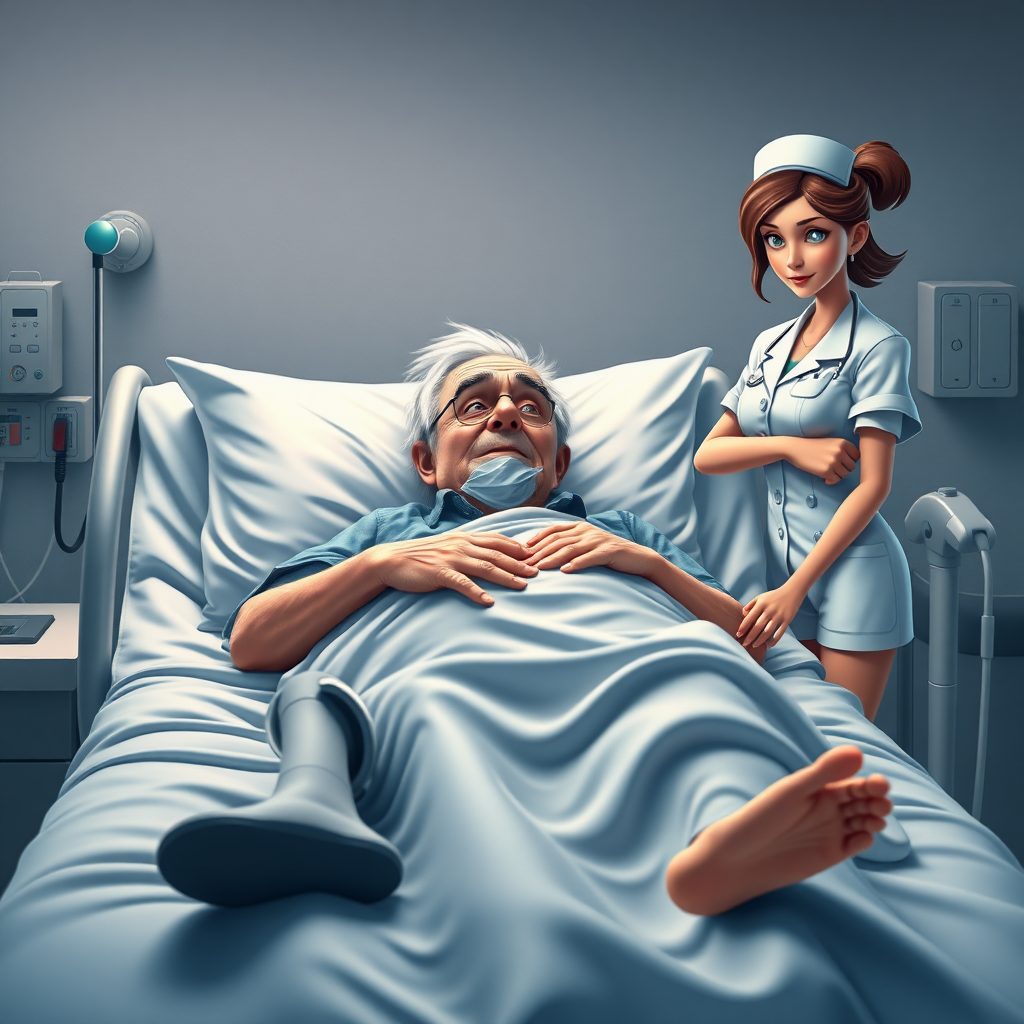 High quality, detailed, Disney 3D style film poster of an old man on a hospital bed with a huge erection under the blanket and a young skinny attractive nurse "impotence"