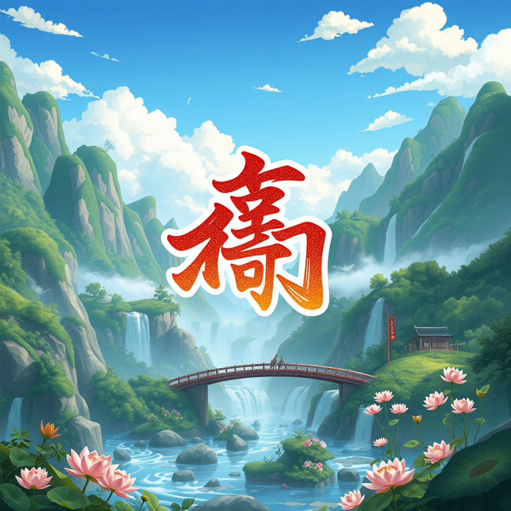 Masterpiece, highest resolution, highest quality, HD high definition, high mountains, green forests, waterfalls, flowing water, small bridges, lotus flowers, lotus leaves, blue sky and white clouds, cartoon landscape style, integrating the character "祝" (meaning blessing) into the picture in a textured graffiti style, generating this artistic signature.