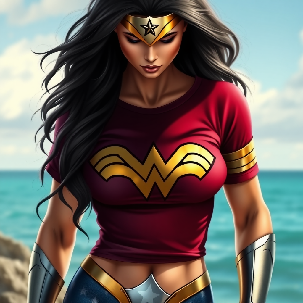 Wonderwoman wearing a t-shirt and bikini bottom. realistic photo