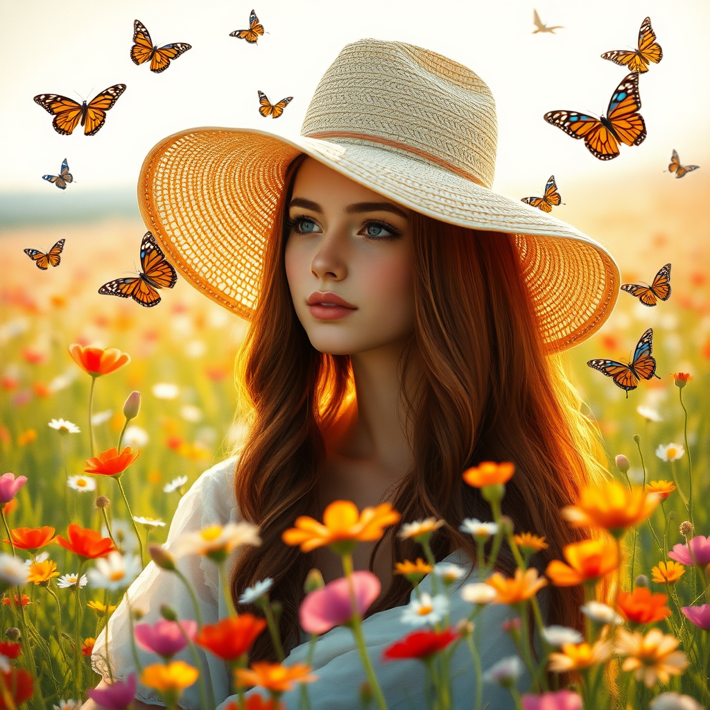 In the midst of a sun-drenched meadow, a young woman with long, cascading waves of chestnut hair sits serenely among a vibrant tapestry of wildflowers dancing in the gentle breeze. She dons an oversized, wide-brimmed hat adorned with delicate embroidery, casting soft shadows that play across her face, enhancing the mystery of her tranquil expression. Surrounding her, a symphony of colors bursts forth as tulips, daisies, and poppies sway rhythmically, their petals glimmering like jewels in the sunlight.

As she gazes dreamily at the endless expanse of blossoms, butterflies flit about in a whimsical ballet, their delicate wings painted in bold strokes of orange, blue, and black—all vying for her attention. The sweet, intoxicating fragrance of the flowers mingles with the warm afternoon air, evoking a sense of peace and freedom.

Rendered in the enchanting style of Pino Daeni’s academic art and infused with the soft nuances of Australian tonalism, this 8k resolution concept art piece envelops viewers in a dreamy atmosphere. The gouache technique mimics the fluidity of watercolor, transforming the scene into a museum-quality epic, where thick brush strokes create palpable texture on the canvas. Each layer of impasto gouache captures the essence of nature's beauty, showcasing an impressionist maximalist masterpiece filled with warmth and vibrancy. The glowing palette of sunset hues radiates through the carefully applied layers, inviting viewers to immerse themselves in this enchanting moment suspended in time.