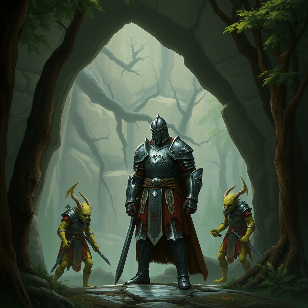 A man in full plate armor with helmet standing in a forest at the bottom of a stone cliff face with two greenish yellow goblin thieves in bone armor