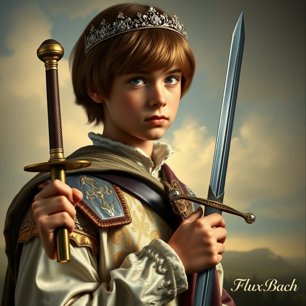 16yo teen boy prince holds his one small sword in a scabbard in his right hand by the hilt, long bob cut, embroidered with gold and diamonds medieval cloths, diamond diadem, and Beautiful War, natural Skin Texture, visualization of embossed Skin using the play of light and shadow. Free style by 50% Adolphe William Bouguereau and 15% Sandro Botticelli and 35% Otto Lomüller, The background is in the style of landscape style by Antonio del Polaiolo. Studio lighting, professional lighting. Generating the signature at the bottom: FluxBach. ultra high resolution, 16K,