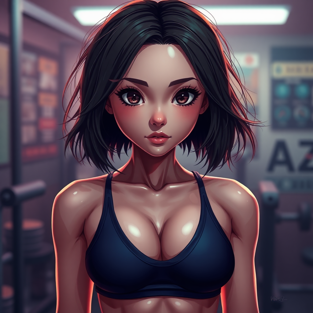 Animated AI porn style image, cute fit brunette girl, short hair, gym, sweaty, highly detailed, masterpiece, professional photo, extreme details, high resolution, hdr