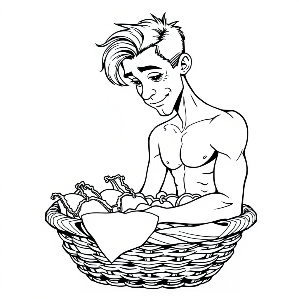 20 year old european skinny pool boy is rummaging through a basket full of lingerie, long establishing shot, 2D, caricature, cartoon, Sketch lines, coloring book, Black and white, coloring book style on white background, well composed, clean coloring book page, No dither, no gradient, strong outline, No fill, No solids, vector illustration