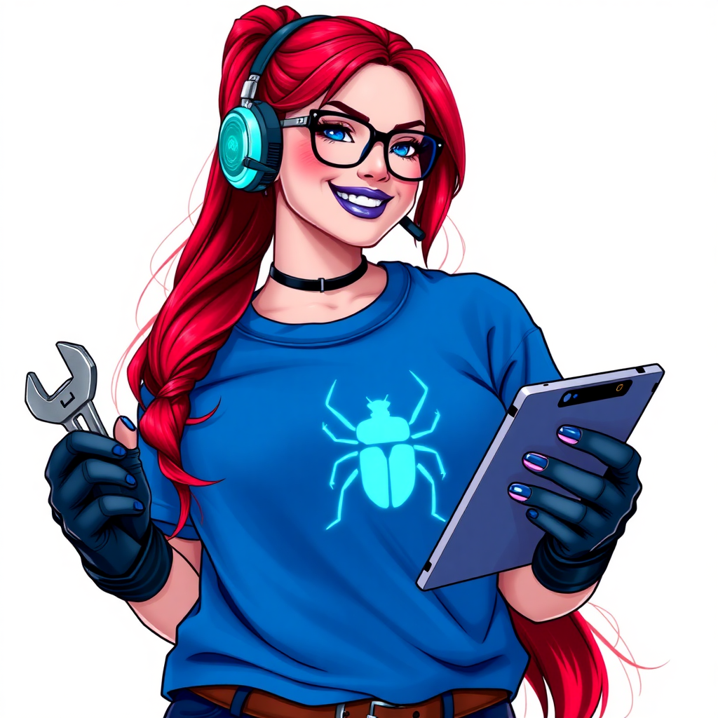 A full-sized, intelligent and tech-savvy 28-year-old computer hacker and tech genius. She has a long ruby red ponytail. She wears maximum blue lipstick, blue eyes, a sapphire beetle gemstone necklace, sapphire earrings, black eyeglasses, hi-tech power gloves, and an oversized maximum blue t-shirt featuring a neon blue glowing beetle chest icon. She has a full-figured physique with a prominent, wrecking ball-sized midsection, reflecting her well-cared-for lifestyle. She sports a sapphire headset with a hi-tech maximum turquoise lensed HUD, and a beaming smile accentuated by a passionate neon red blush. She serves as his tech expert from his hideout, holding a futuristic tool wrench and a futuristic digital tablet. The background is solid white. She is drawn as if she was in a retro 2D cyberpunk fighting game.