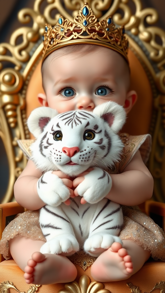 A cute small chubby fair baby with big eyes, pink lips, and pink cheeks wearing a royal sparkling frock sitting on a throne, holding a white fluffy cute tiger.