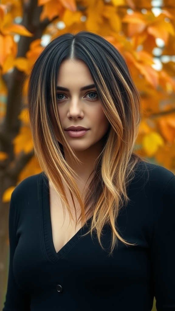 Bar Refaeli with very short, straight, layered hair, black color with yellow highlights, against a background of autumn horse chestnut foliage, in high definition.