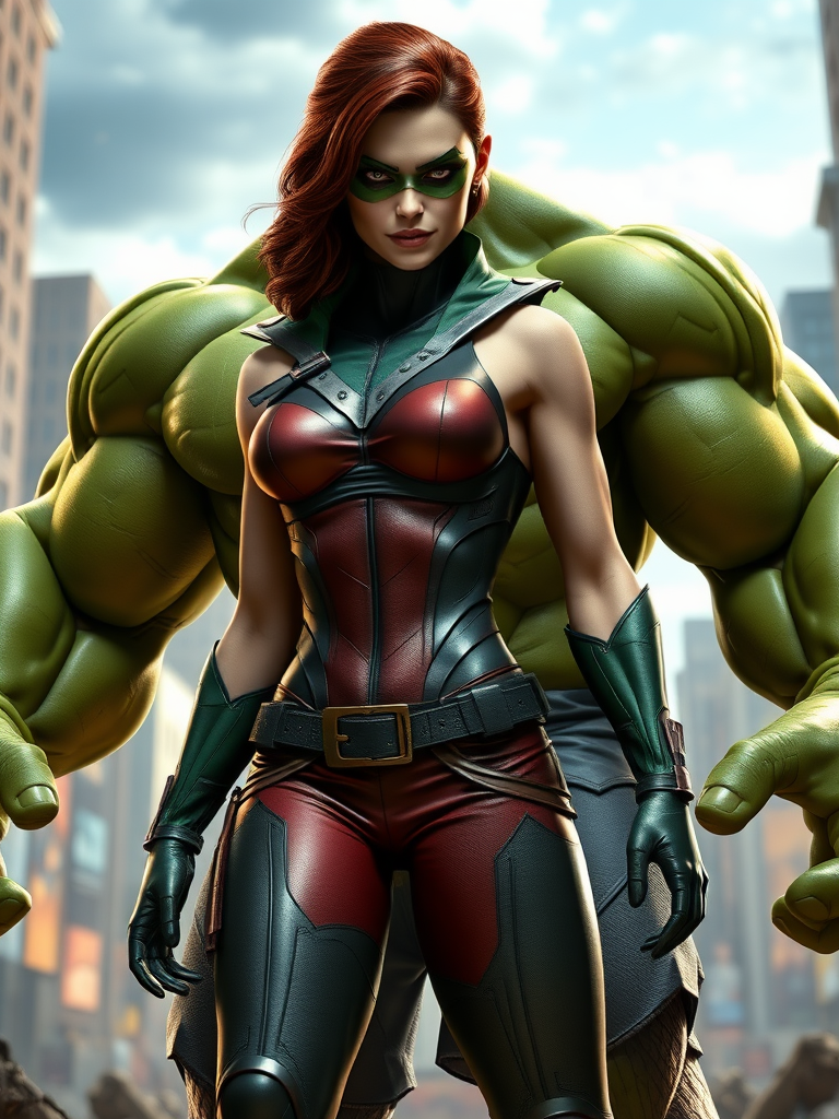 Create a hyper-realistic full-length render featuring Marvel Comics character Rogue with the body shape of The Hulk, while keeping her head intact. Modify her body traits to reflect Hulk's muscular build, including increased size and definition. Set the scene in an appropriate background that complements both characters, such as a vibrant comic book cityscape or an iconic battleground. Ensure the lighting captures the dramatic essence of the characters, highlighting their unique features and the intensity of the scene. The final render should evoke a sense of power and action, consistent with the superhero genre.