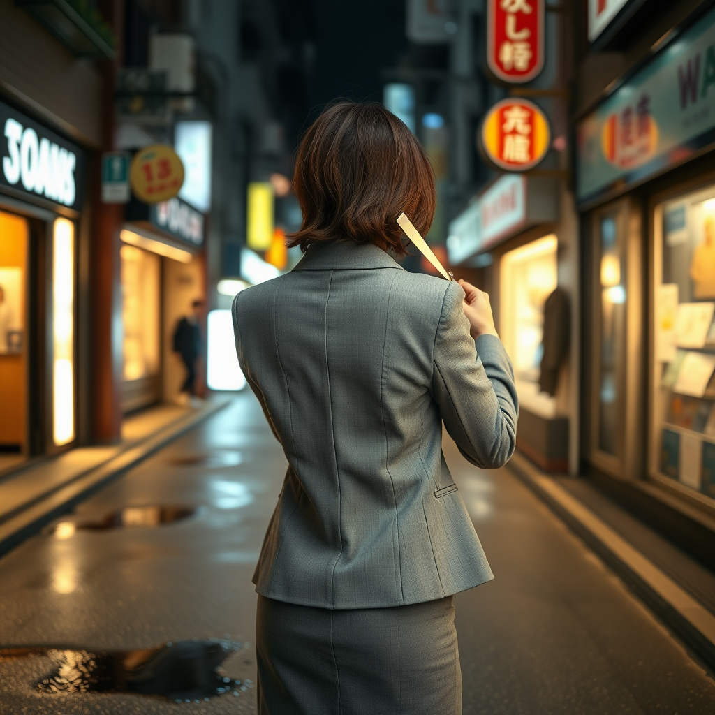 the back of a young Japanese businesswoman gripping a pair of long scissors that she holds pointed downward at her right side. She wears a grey blazer and a grey skirt and faces the camera. The lights from the shops in the alleyway glint off of the scissors. The lights from the shops in the alleyway are reflected in the rain puddles scattered on the asphalt of the ground. It is late at night.