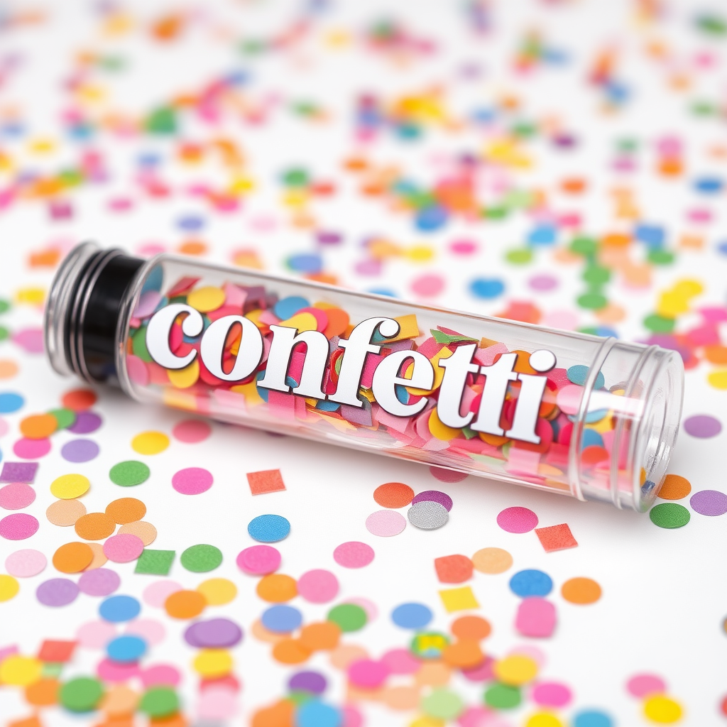 A photo of a glass fat transparent plain uniform confetti popper tube with colorful confetti inside and with text "confetti" on it, lying flat at an angle, with confetti around it, distant confetti blurred, white bold text with a black border, reflections on the tube glass, tube closed from both ends.