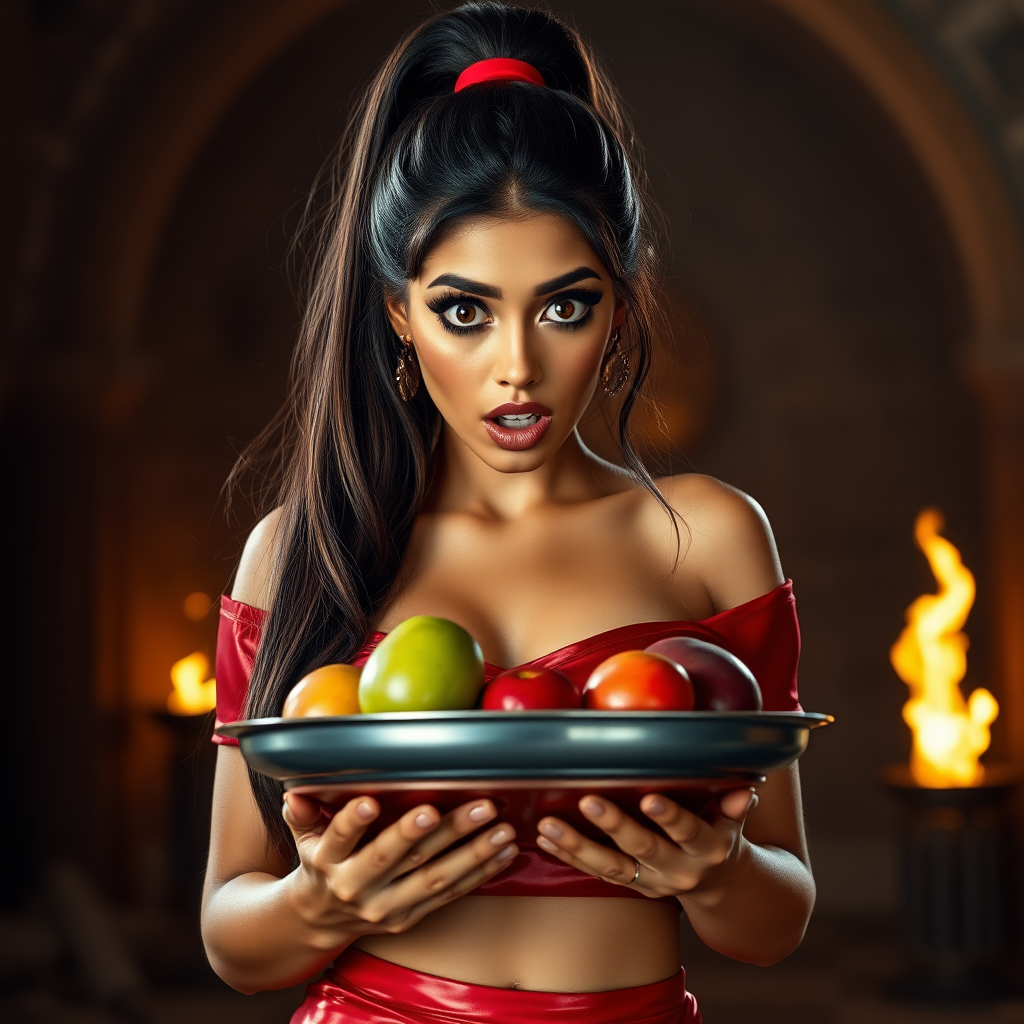 realistic photo of a surprised Arabian model with mouth open looking at the camera. She has very large eyes, black eyeshadow, black eyeliner, fake eyelashes, very tanned skin, very long hair. very high ponytail, she look likes princess jasmine, shinny red off shoulder crop top. photo realistic. She holds a metal tray with fruits just above her waist. crop top, shinny red skirt. full body view. shinny red pencil skirt. dungeon with fire torches in the background.