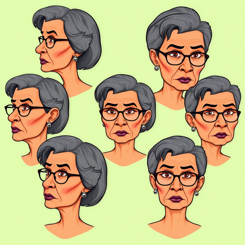 Photorealistic image of six headshots of a 55 Years old, European, Latina, sharp aquiline nose, wrinkles, high cheekbones, Middle Eastern, Skinny, Tanned skin, Dark light skin, full Makeup, jewelry, Sharp nose, frowning, astonished, shocked, dark grey Ash hair, short bowl haircut, Brown eye color, round Glasses, with detailed features. Each photo displays the same face in profile and front view, cut out and isolated on a green background. All six heads are visible side by side, empty space around each view, no overlapping. 2D, caricature, cartoon, Sketch lines, coloring book style, well composed, clean coloring book page, No dither, no gradient, strong outline, vector illustration